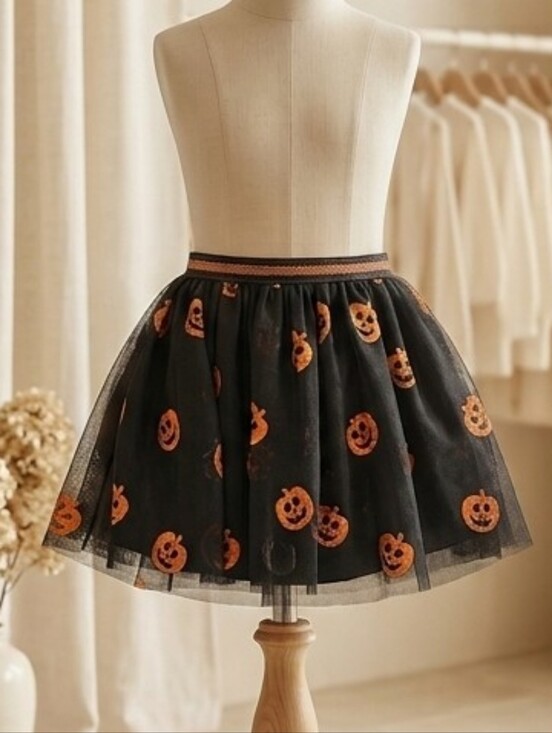 Celebrate It Other - Celebrate Halloween Black Tulle Skirt with Orange Metallic Pumpkins Size 6-6X